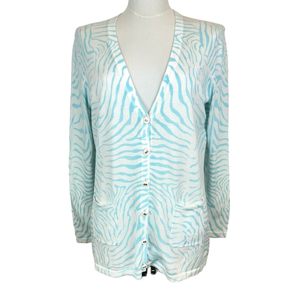 J. McLaughlin Zebra Print Cardigan Light Blue Modal/Cotton Blend‎ Button Up M